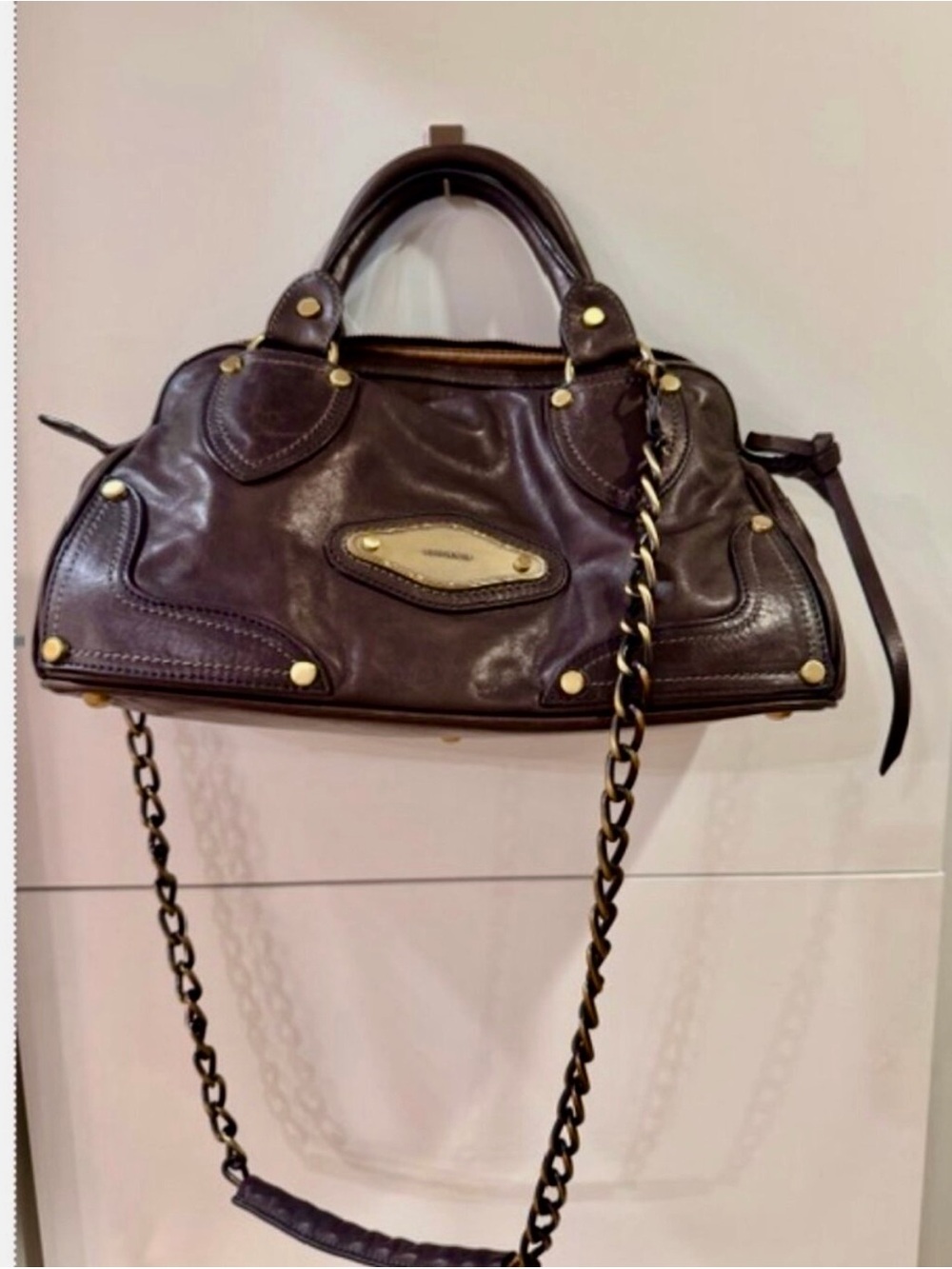 Luana Italian Leather Satchel Dark Olive Brown Chain Strap Top Handle